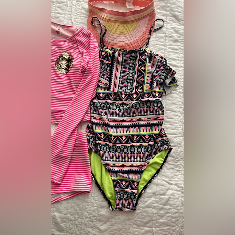 H&M Multicolor swimsuit,Gymboree 3 -2pc sun protection sets, visor sold together